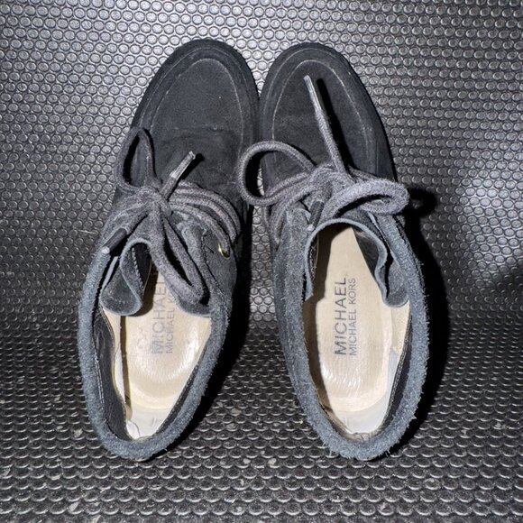 Michael Kors Black Suede Wedge Booties Gold Accent Comfort Shoe Womens Size 6.5M - Picture 6 of 9